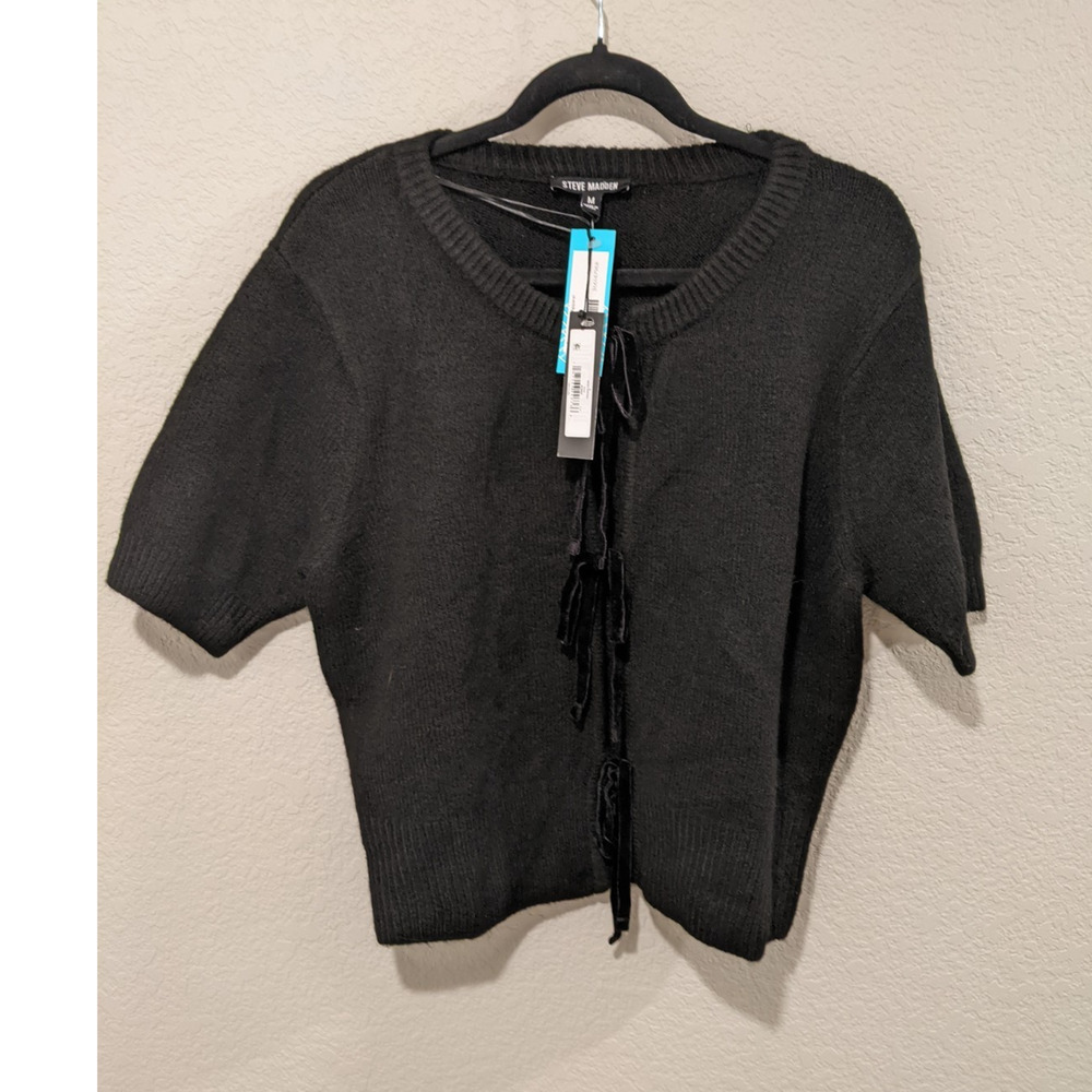 Steve Madden Tie Front Short Sleeve Cardigan Sweater Black M BP306923